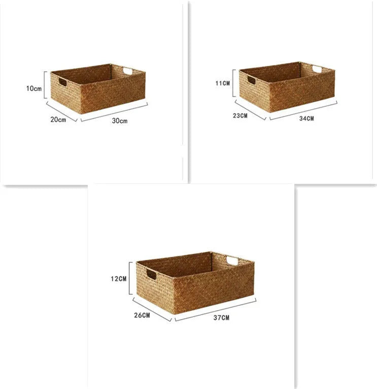 Handmade straw woven rectangular storage basket in natural grass fibre on a shelf