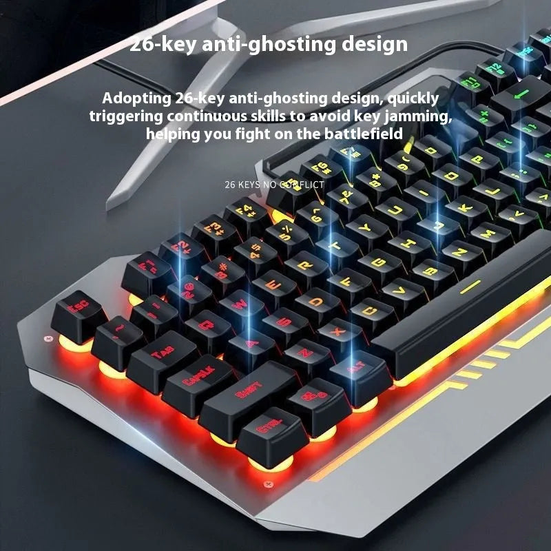 Mechanical gaming bundle showing black keyboard with blue backlighting alongside matching mouse and headset