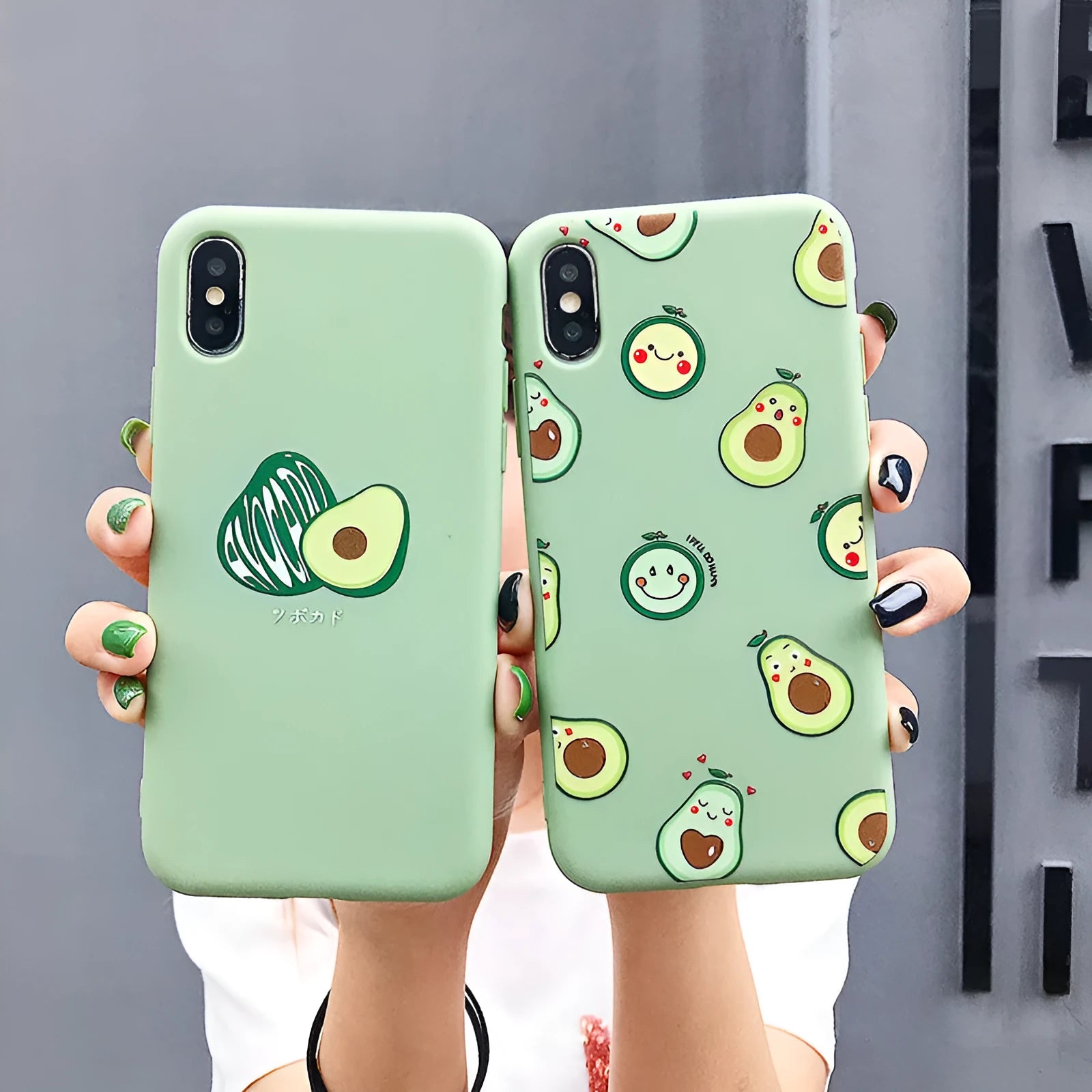 TPU phone case with a green painted cartoon avocado design on the back.