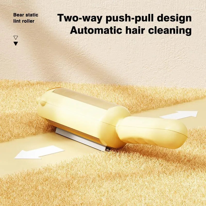 Blue reusable pet hair remover tool with self-cleaning base for furniture and carpets