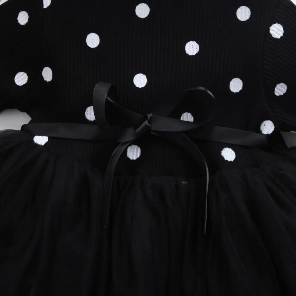 Girls long sleeve black tutu lace dress with lace trim for birthday parties.