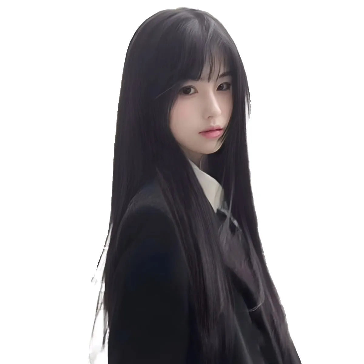 Long straight black synthetic wig with bangs on display model
