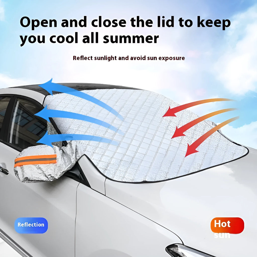 Large luxury SUV front windshield winter cover made of aluminium foil with edge reflective stripes.