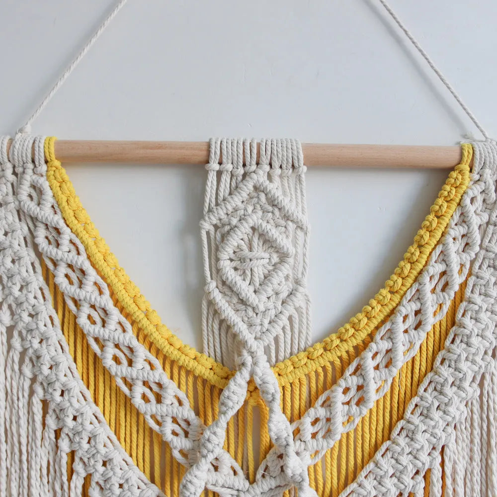 Nordic style cotton woven tapestry rectangle wall hanging 120x95cm creamy-white with yellow accents