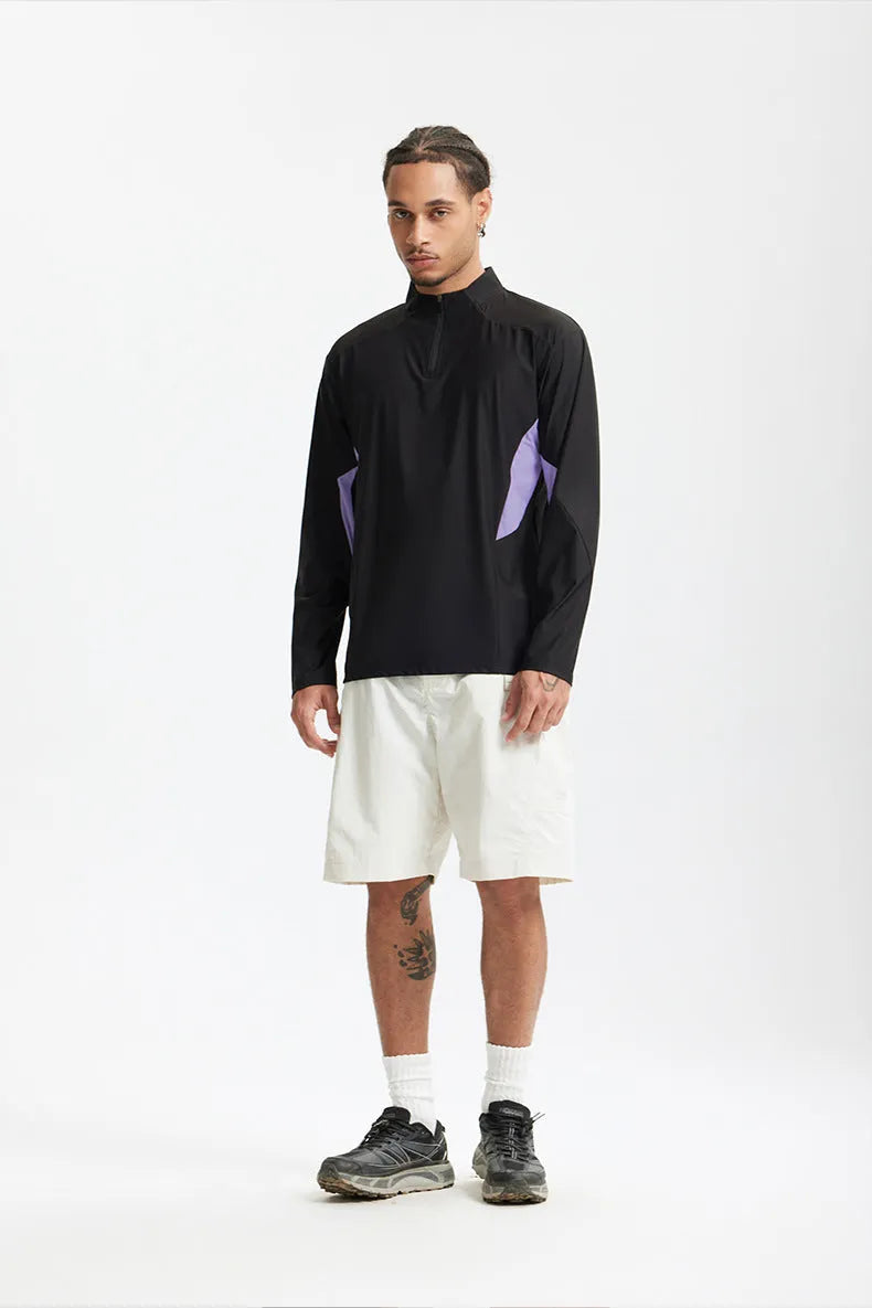 Men's lightweight solid colour polyester top shown in black and beige, available in long sleeve and short sleeve styles.