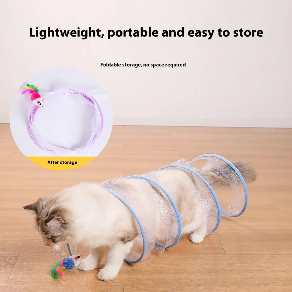 S-type cat tunnel toy with elastic net covering and feather, shown on a floor.