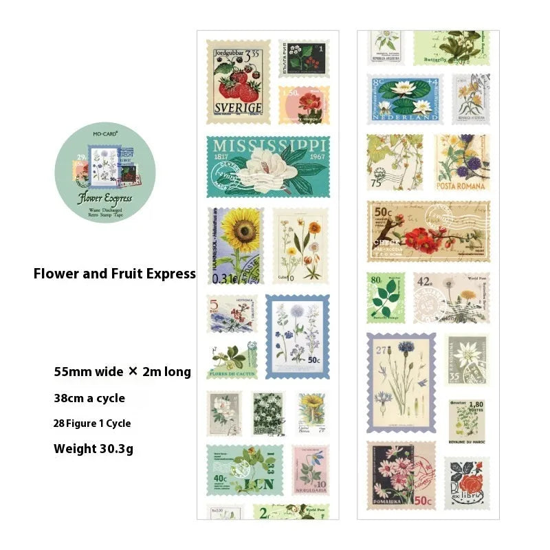 Roll of retro-style decorative coated paper stamps for journal decoration, 55mm wide.