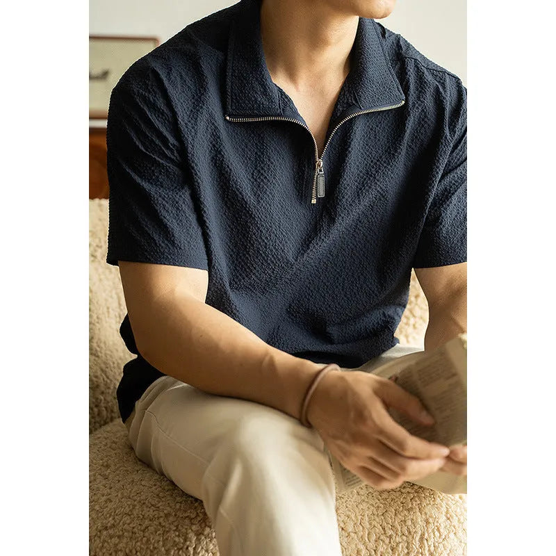 Men's casual short sleeve shirt in ice silk polyester fabric showing loose fit and summer styling