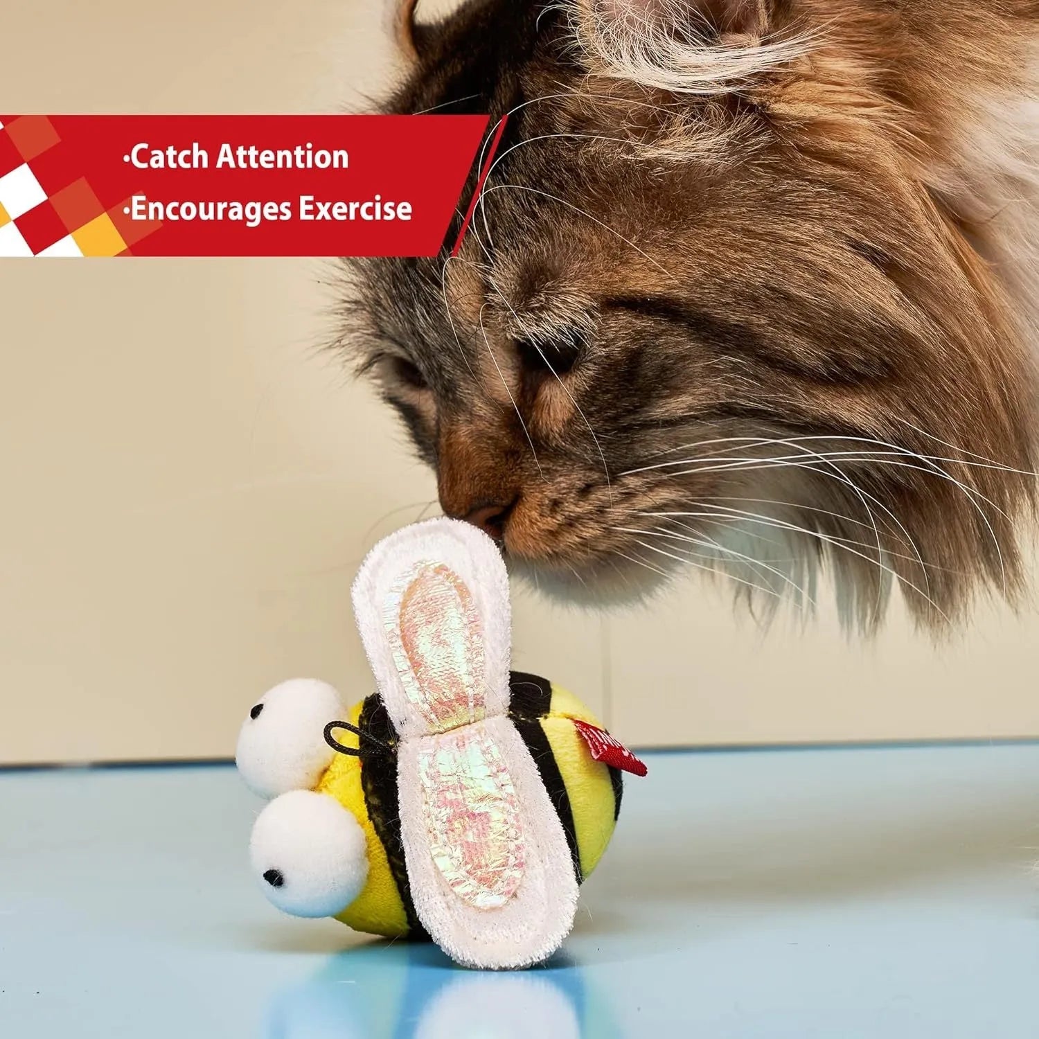 Yellow bee-shaped electronic cat toy with motion-activated chirping function for interactive play