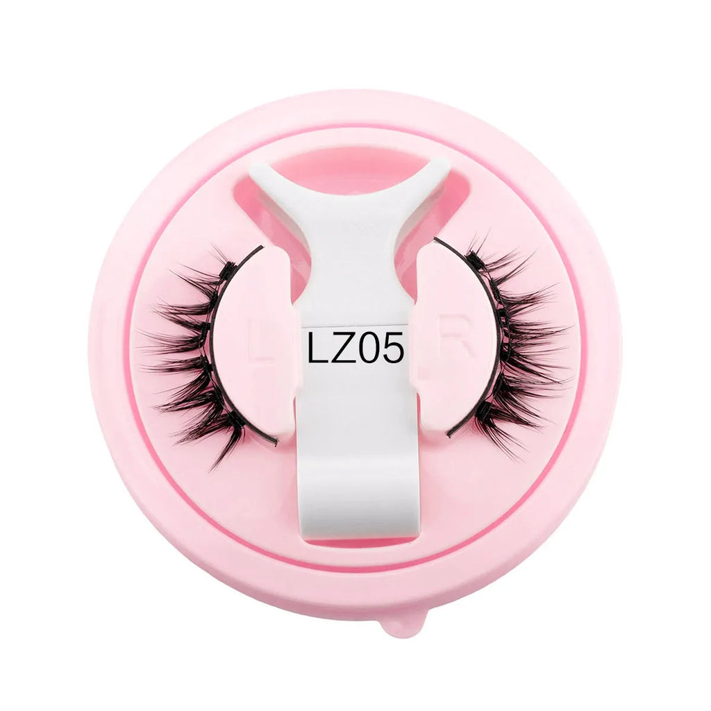 Set of thick, reusable waterproof false eyelashes in five sizes LZ03 to LZ14 on a clear tray.