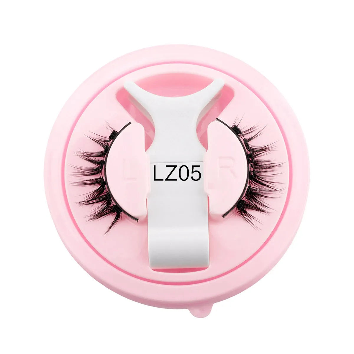Set of thick, reusable waterproof false eyelashes in five sizes LZ03 to LZ14 on a clear tray.