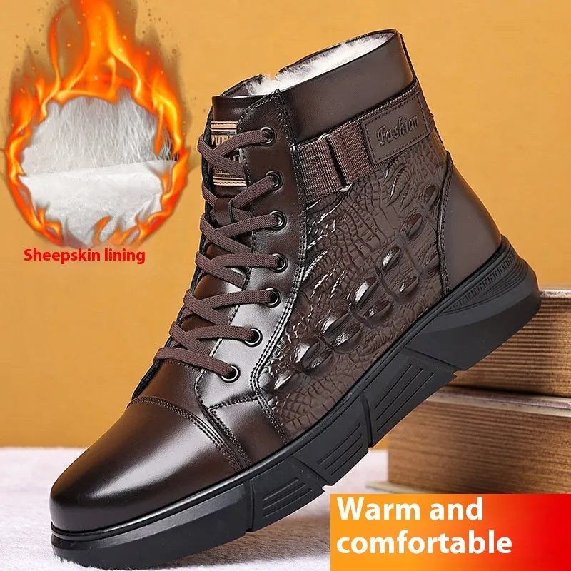 Women's genuine leather winter boots with fur lining and non-slip rubber soles in black with velvet trim