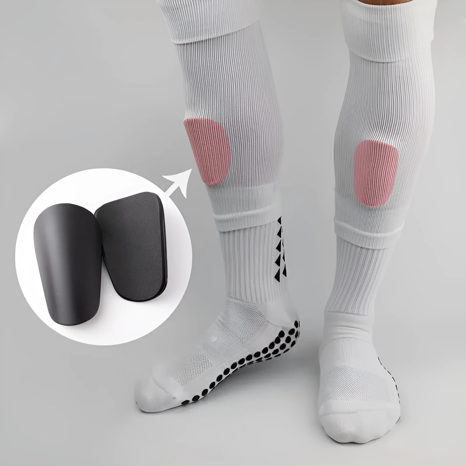 PU mini shin guards in black, white, red, and blue colours for football and sports protection.