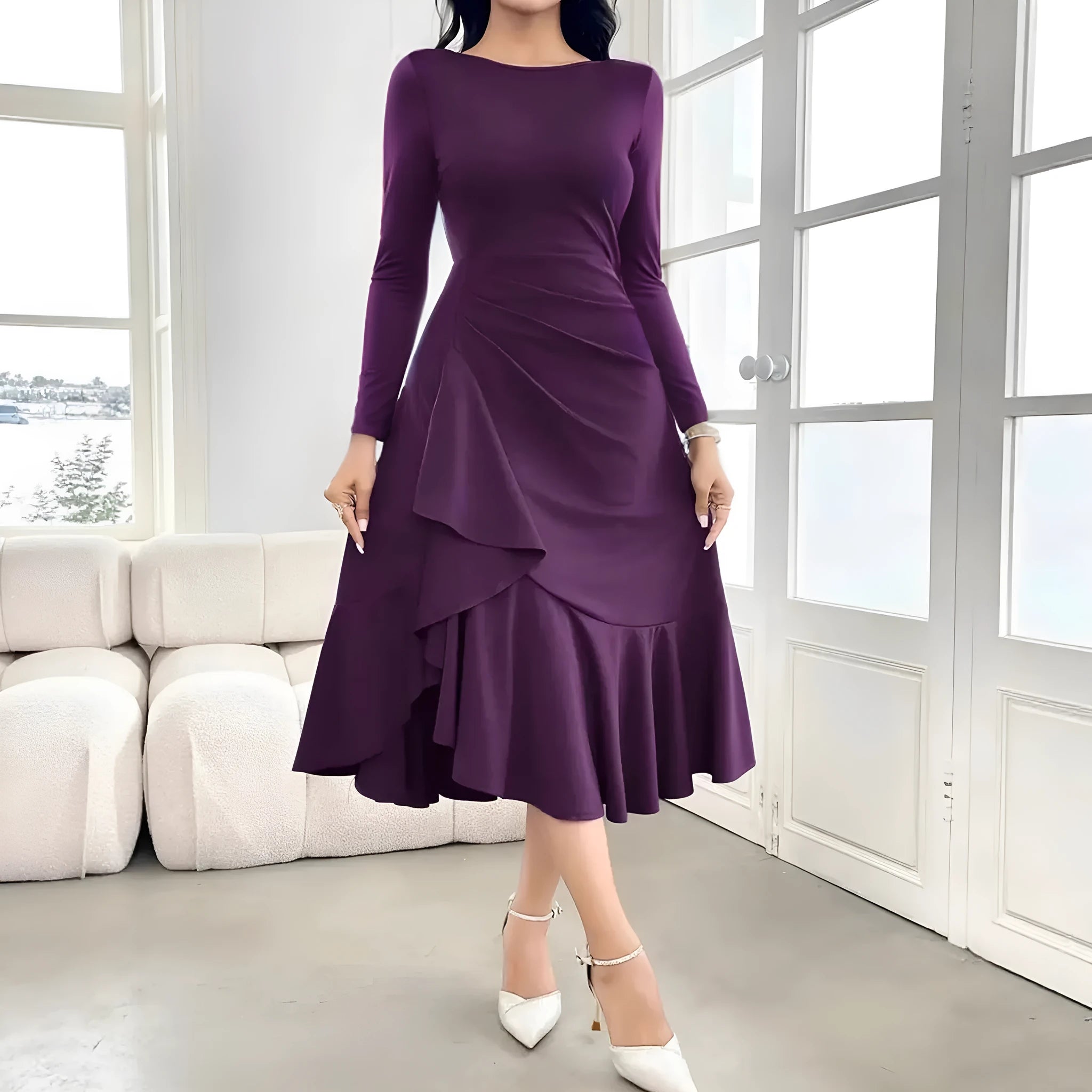 Purple women's long sleeve pullover dress with round neck and ruffle details on mannequin