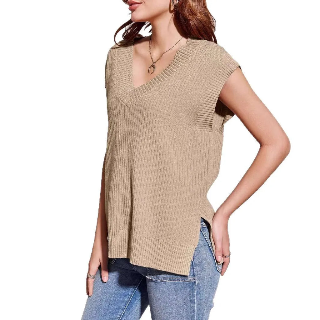 Women's V-neck sleeveless pullover vest in thin viscose fibre fabric, camel colour, loose casual fit