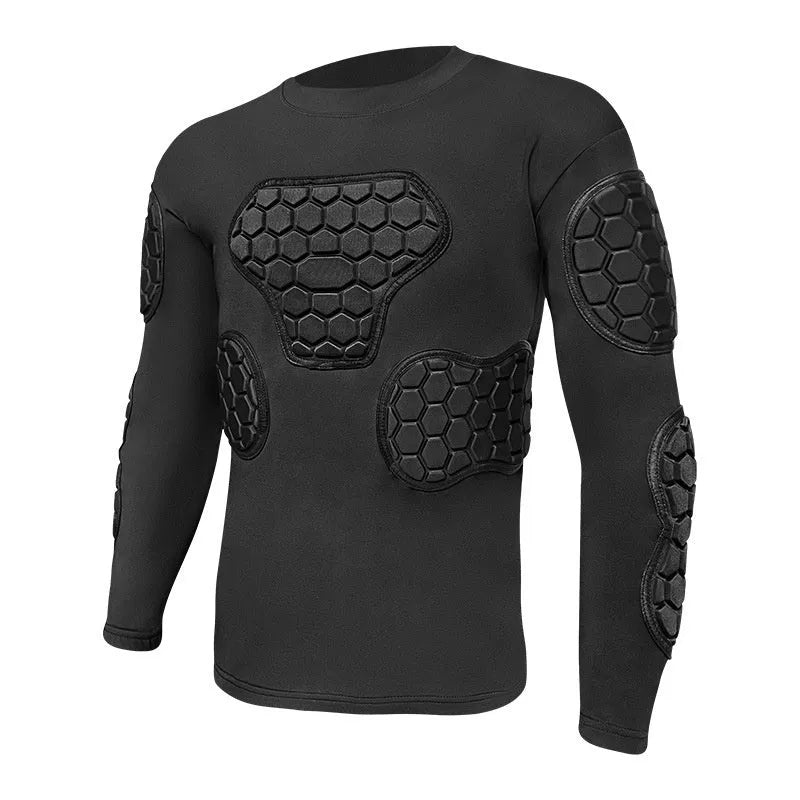 Men's goalkeeper anti-collision long-sleeved top and pants with honeycomb padding in black.