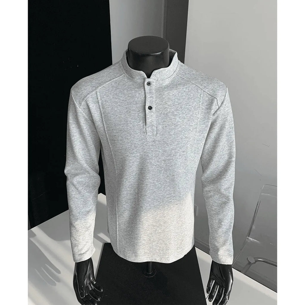 Men's loose fit polo shirt with asymmetric design and patchwork collar in Chinese cotton