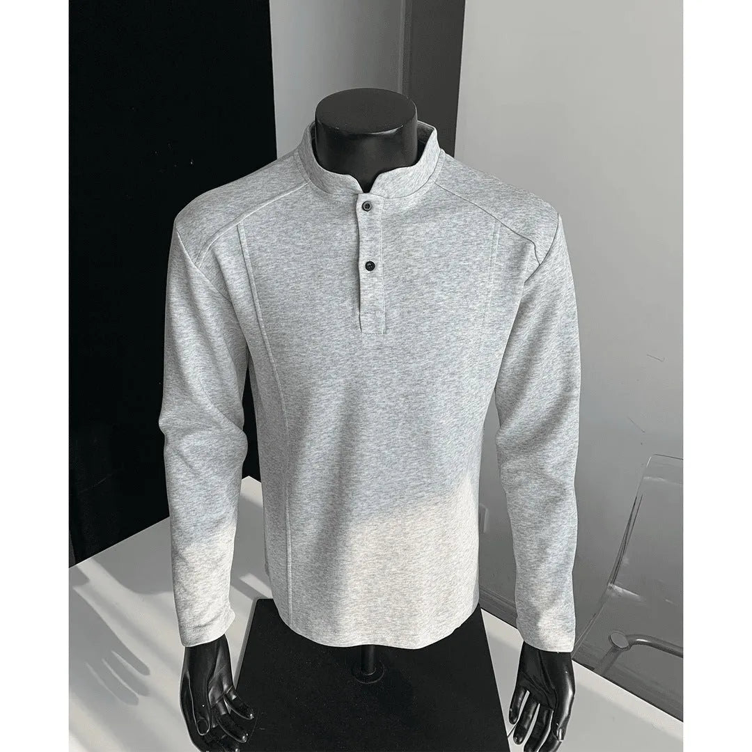 Men's loose fit polo shirt with asymmetric design and patchwork collar in Chinese cotton