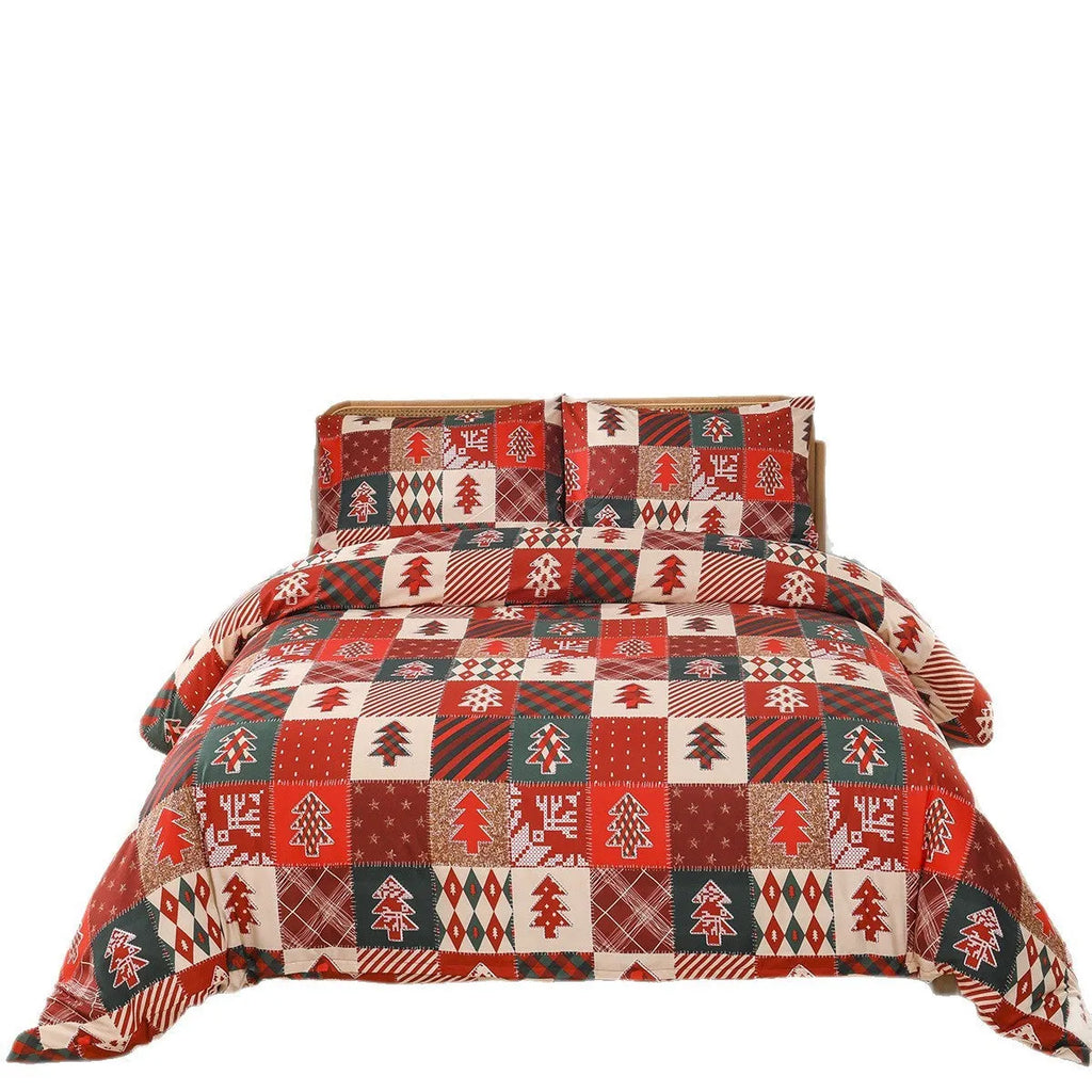 Christmas red plaid pattern quilt cover and pillowcases on a bed, European style bedding three-piece set