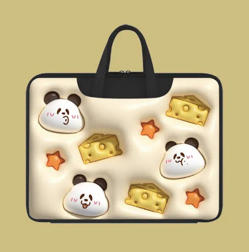Inflatable laptop bag in PU leather with hanging handle attached to suitcase, showing cute star design