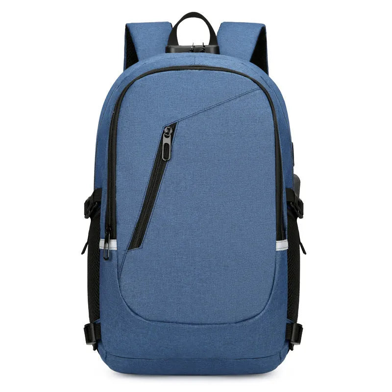 Grey Oxford cloth computer backpack showing front compartment and shoulder straps