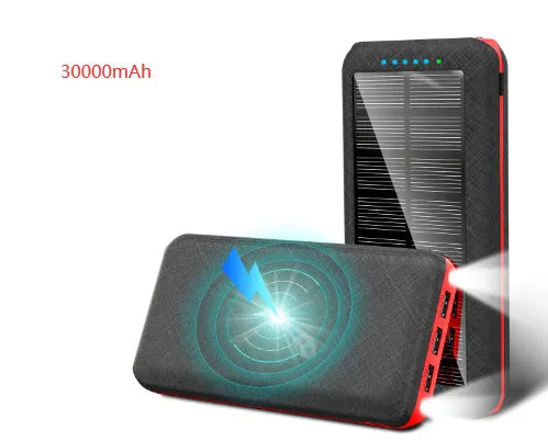 Black portable power bank with Qi wireless charging pad, three USB ports, and an LED flashlight on the front.