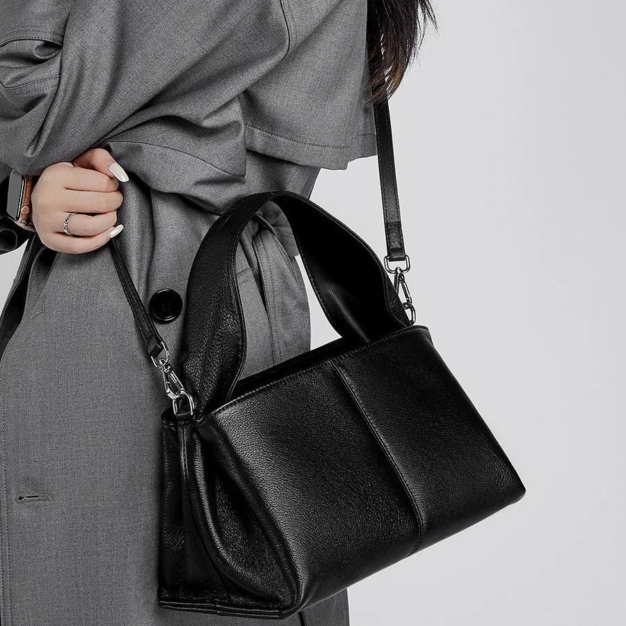 Women's genuine leather retro texture messenger bag in horizontal square shape with double shoulder strap
