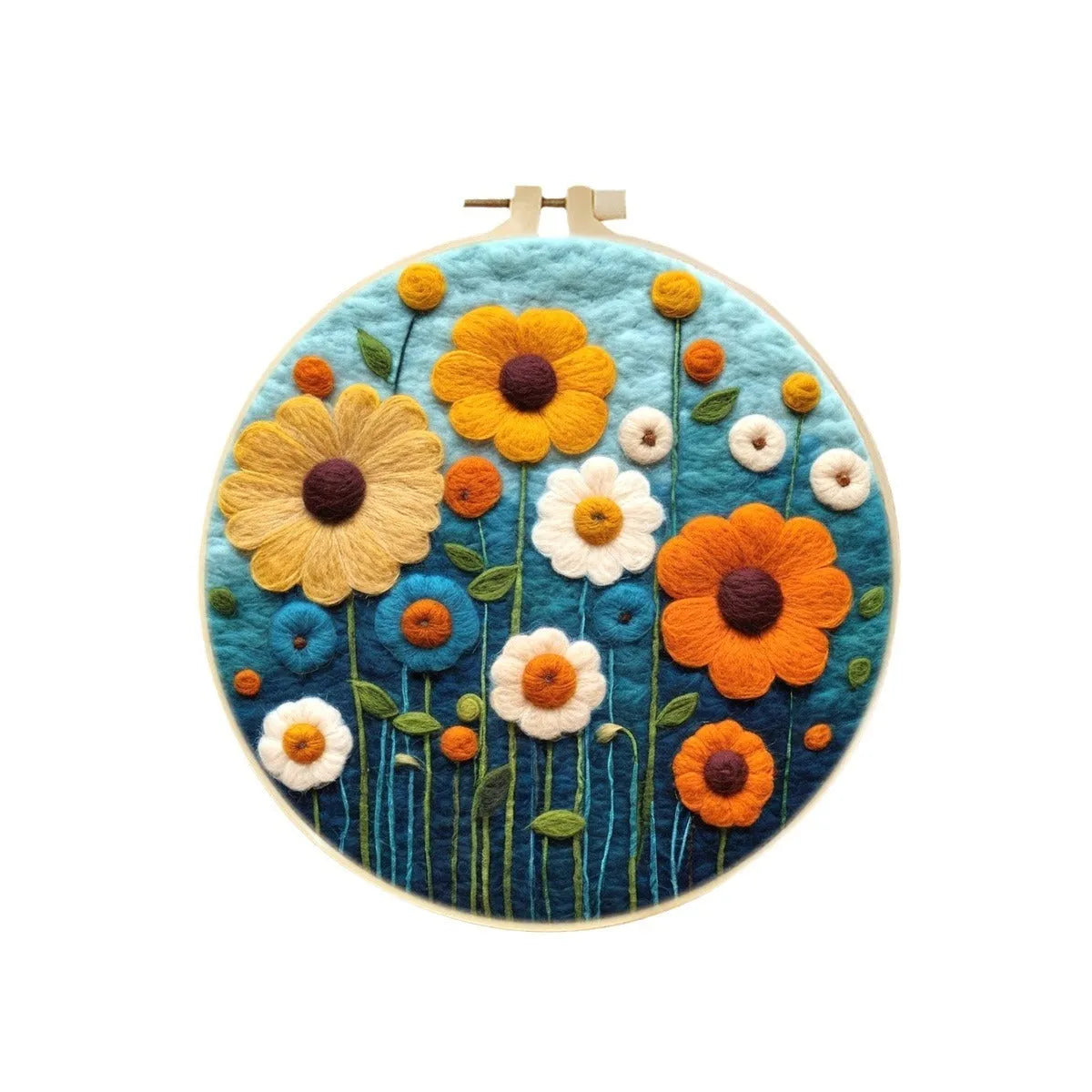 Round linen embroidery kit with wool felt for three-dimensional blanket paintings featuring botanical patterns
