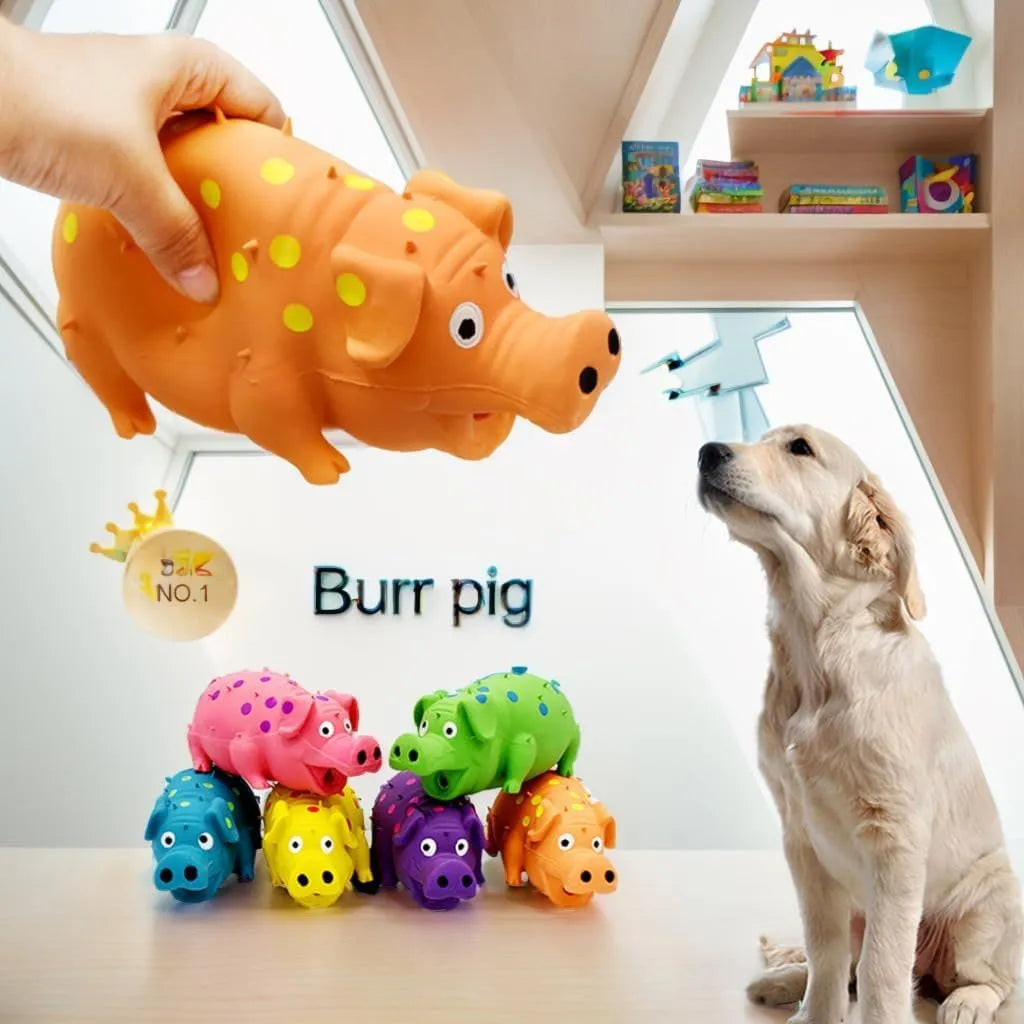 Blue latex pig-shaped squeaky dog chew toy with textured surface for teeth cleaning