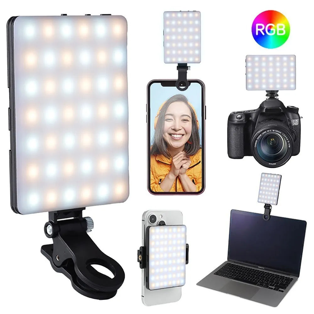 LED pocket fill light with clip attached to mobile phone for photography