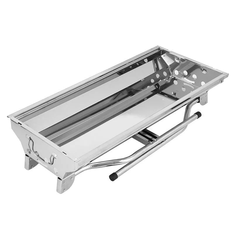 Large stainless steel turnover barbecue oven with charcoal stove and cooking accessories