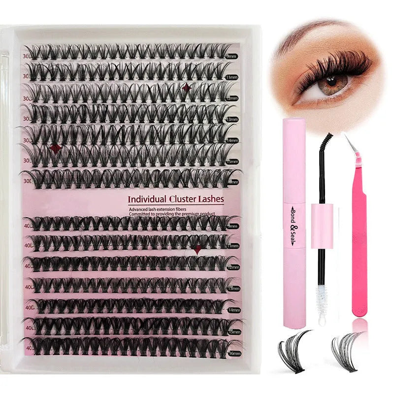 DIY cluster lashes mixed package showing 30D and 40D false eyelashes in 9-16mm lengths with application tweezers