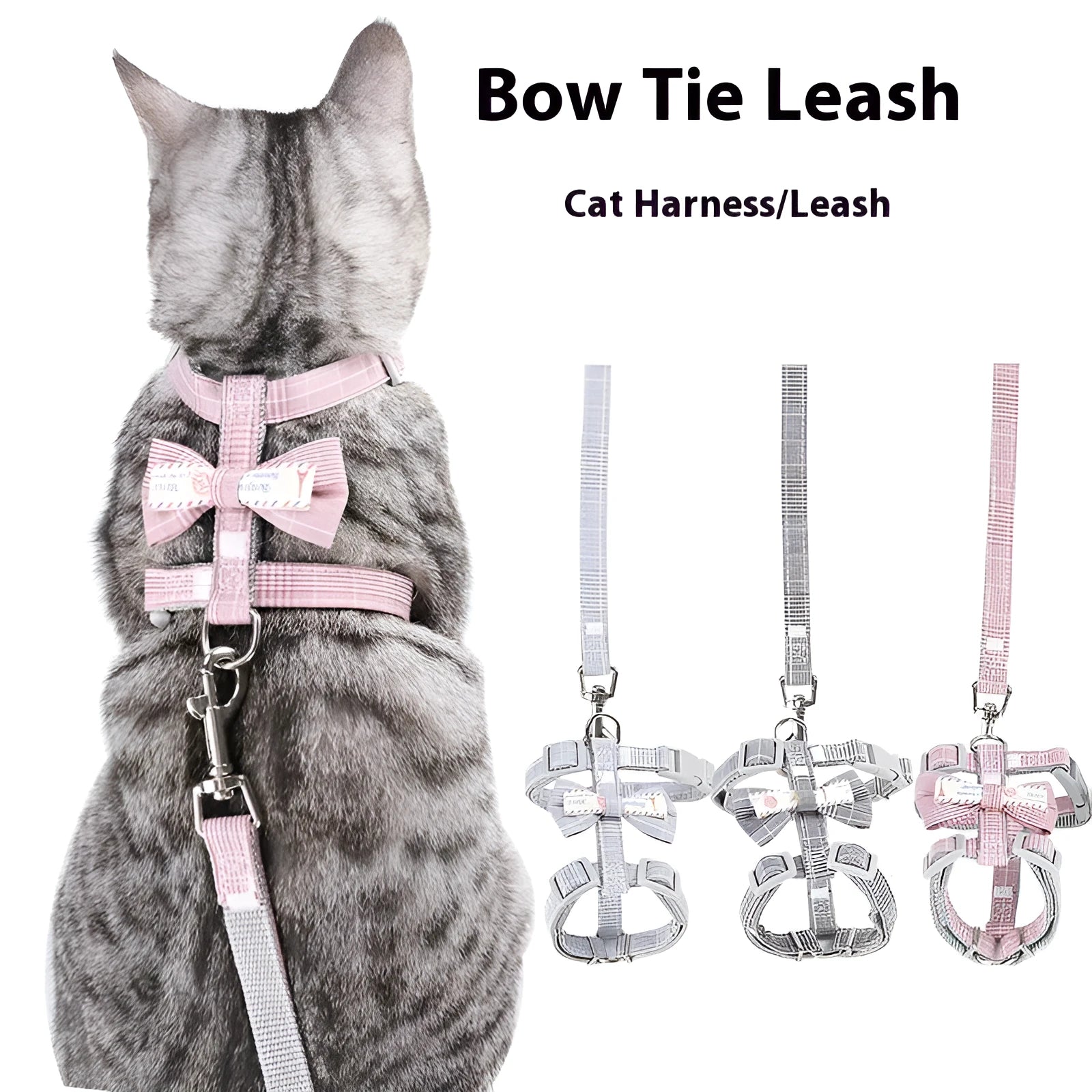 Cat bow pulling rope anti breaking loose adjustable in polyester four colours gray green pink light gray