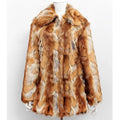 Women's tiger pattern faux fur jacket with long sleeves, shown in a medium 65cm length streetwear style.