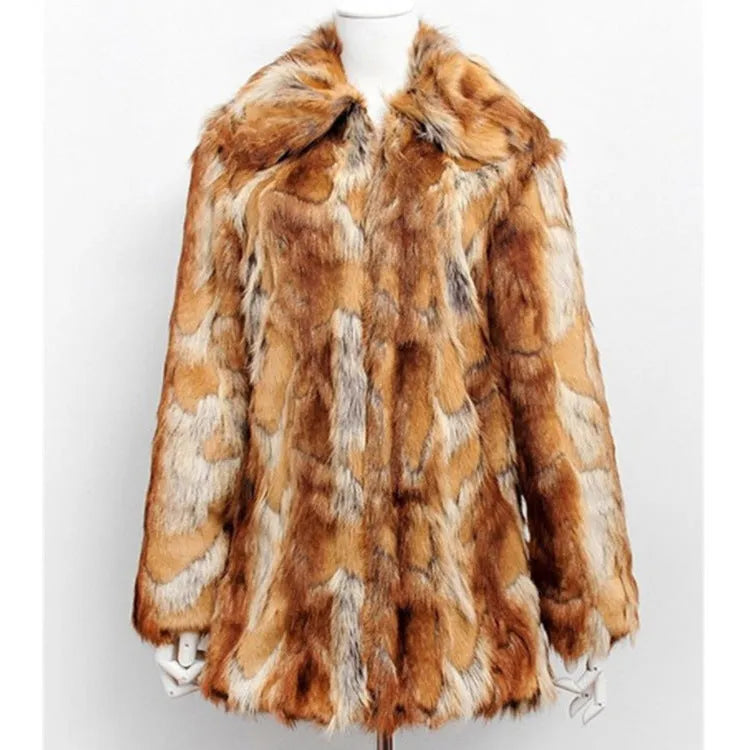 Women's tiger pattern faux fur jacket with long sleeves, shown in a medium 65cm length streetwear style.