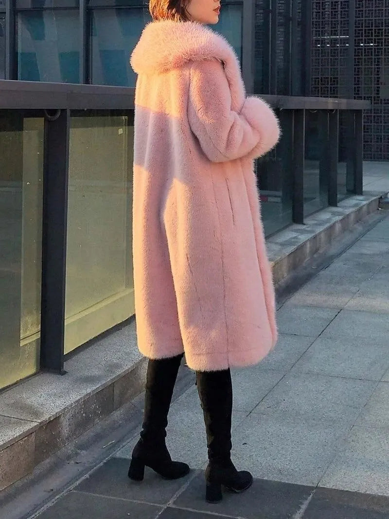Women's thick faux rabbit fur mid-length coat in gray colour with regular sleeves
