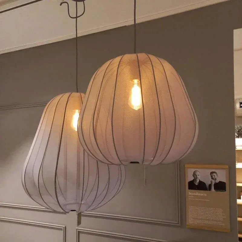 Japanese style net pumpkin ceiling lamp in white or grey blue with iron construction and branch design