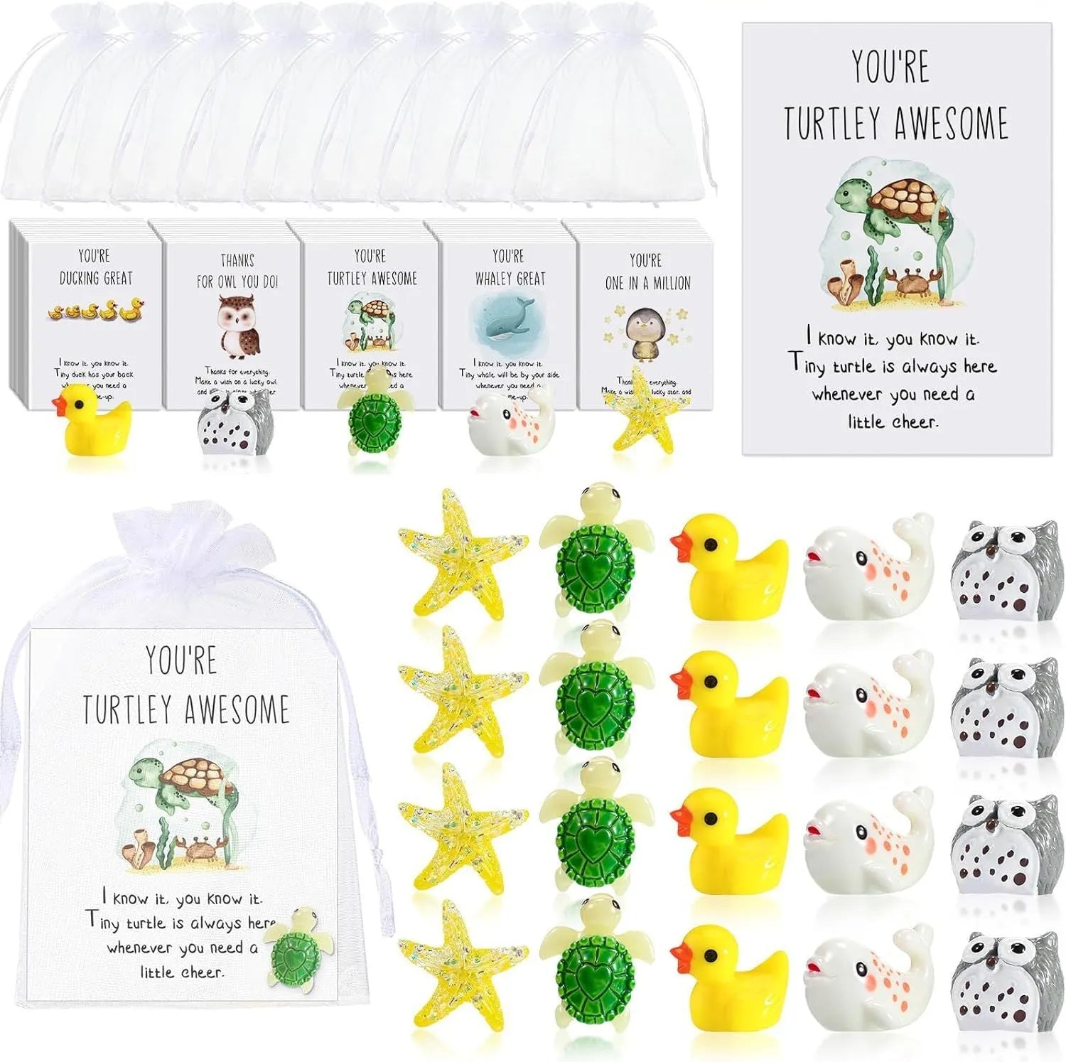 Set of resin memo cards with printed pun messages, showing different pack size options from 5 to 100 pieces.