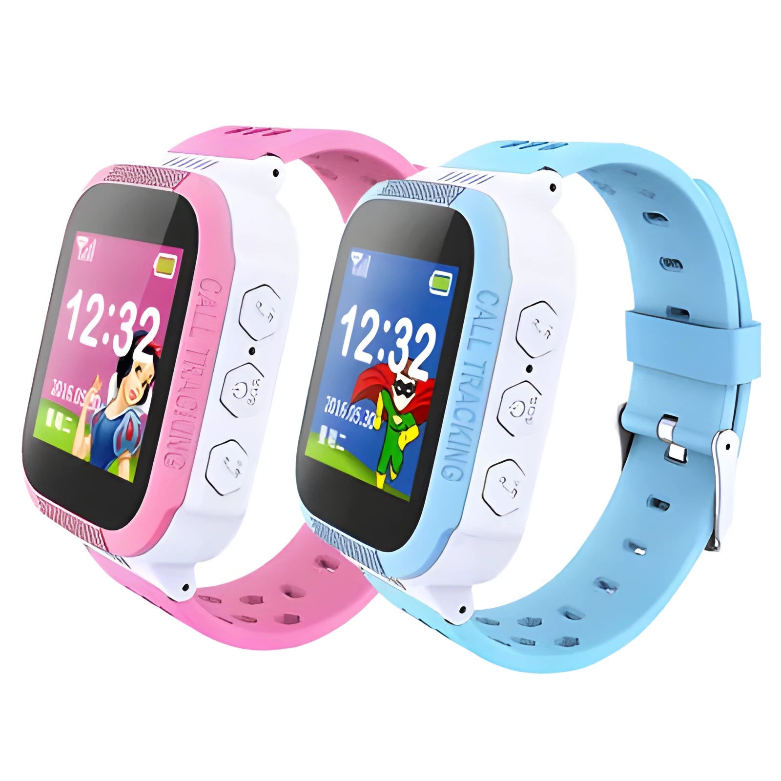 Blue and pink children's phone watch with 1.44 inch IPS screen showing dual language options