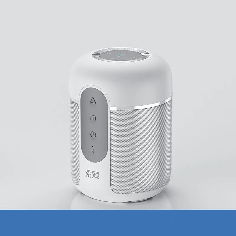 Black portable Bluetooth speaker with compact plastic cabinet, showing front speaker grille and control panel.