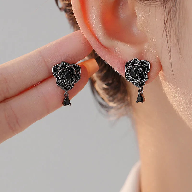 Black rose zircon flower ear studs with gold electroplating for pierced ears