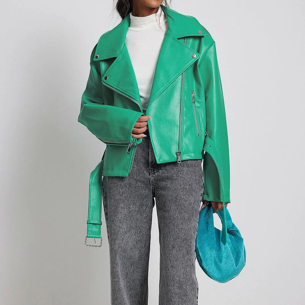 Leather punk jacket with drawstring waist and Peter Pan collar in black, blue or green colours