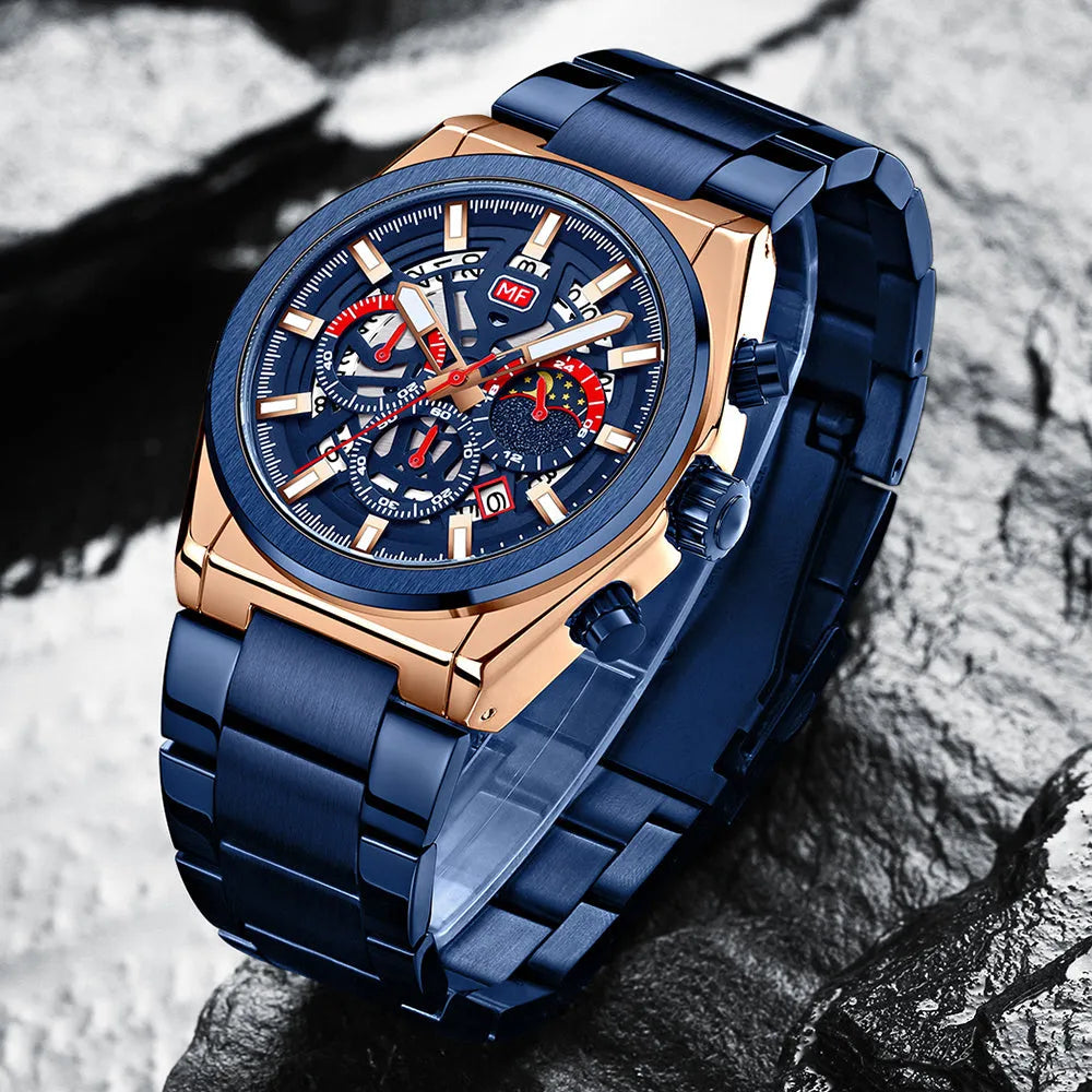 Men's business quartz watch with luminous hands and calendar, 35.5mm dial, mineral glass, stainless steel buckle, black face