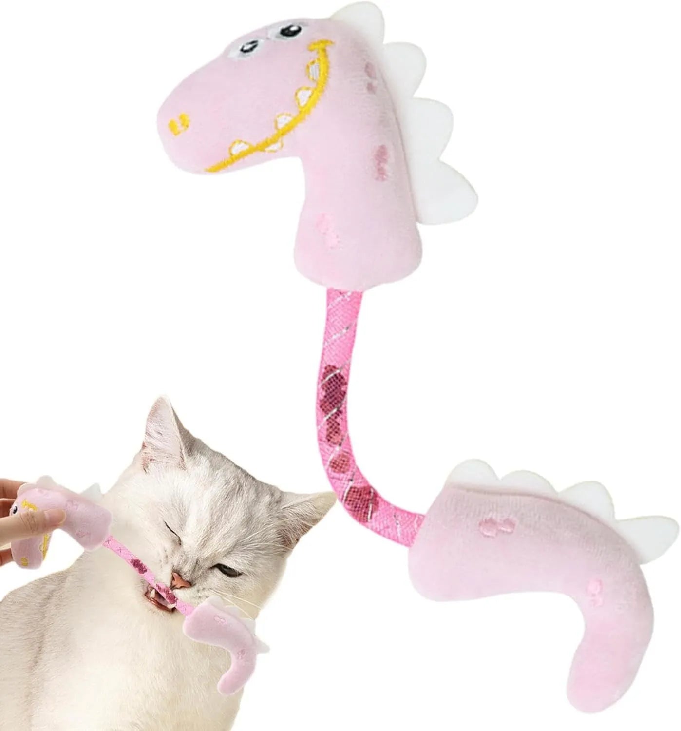 Set of four cat toys including plush fish, bunny, mouse shapes with rope toys and springs