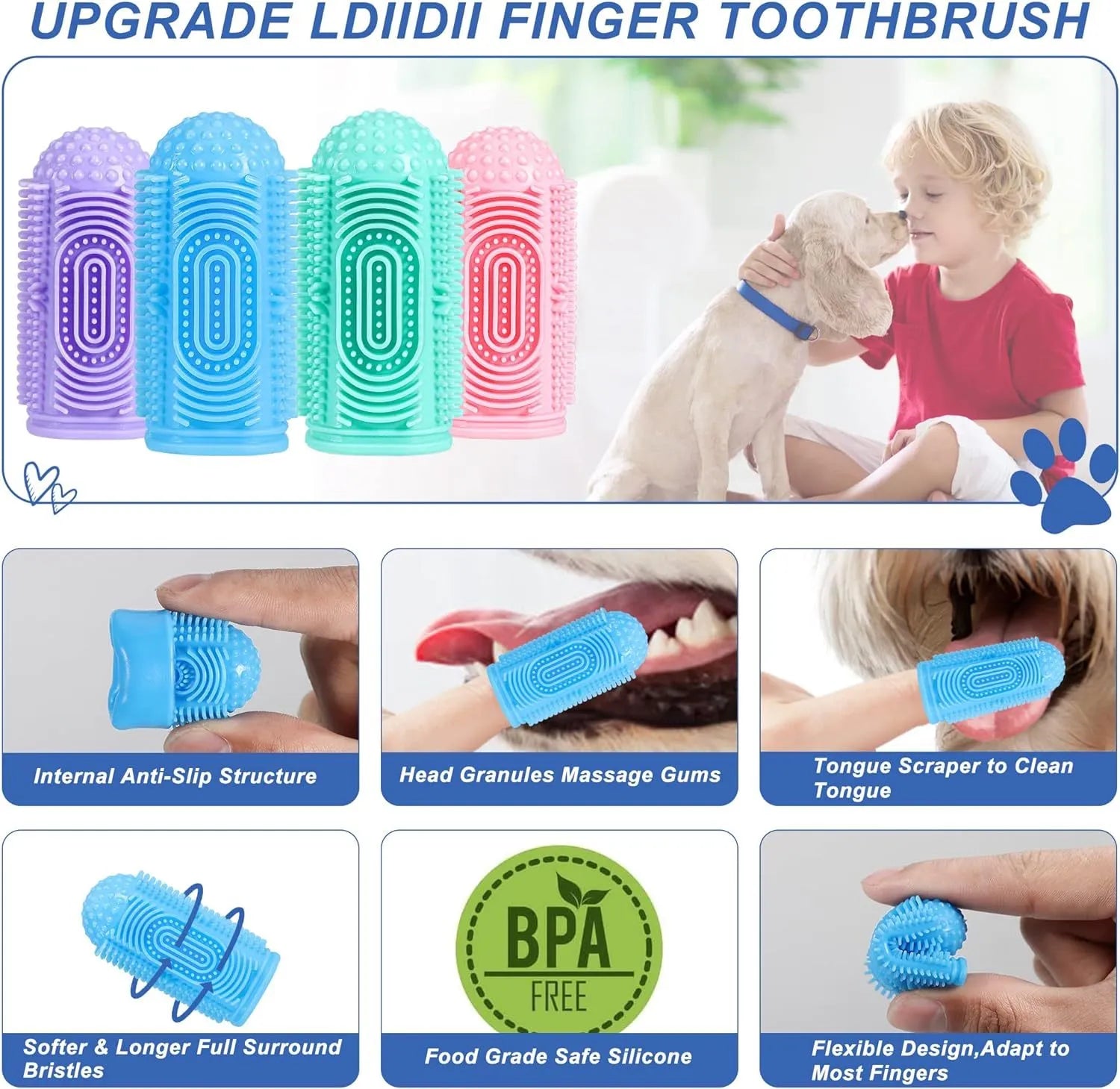Dog finger toothbrush with 360° silicone bristles in blue, green, pink, and purple – soft non-slip sleeve for pet teeth cleaning