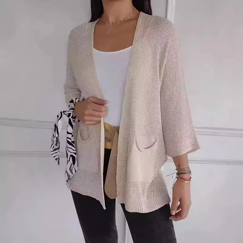 Women's thin waffle knit cardigan coat with nine-quarter sleeves and pockets in army green colour