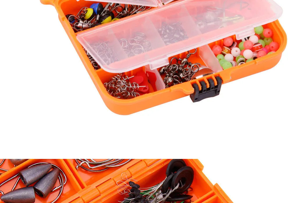 257-piece fishing lure accessories set in organised orange storage box with Texas rig, sea fishing, and rock fishing tackle