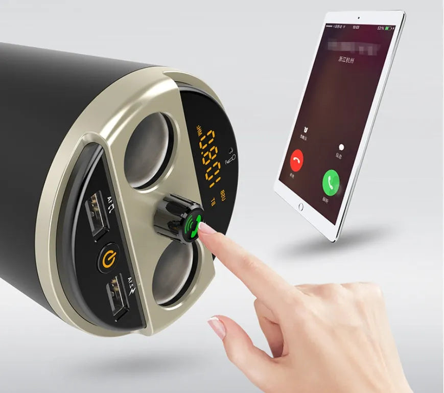 Car Bluetooth MP3 player FM transmitter with dual USB charger in cup holder design available in black grey gold