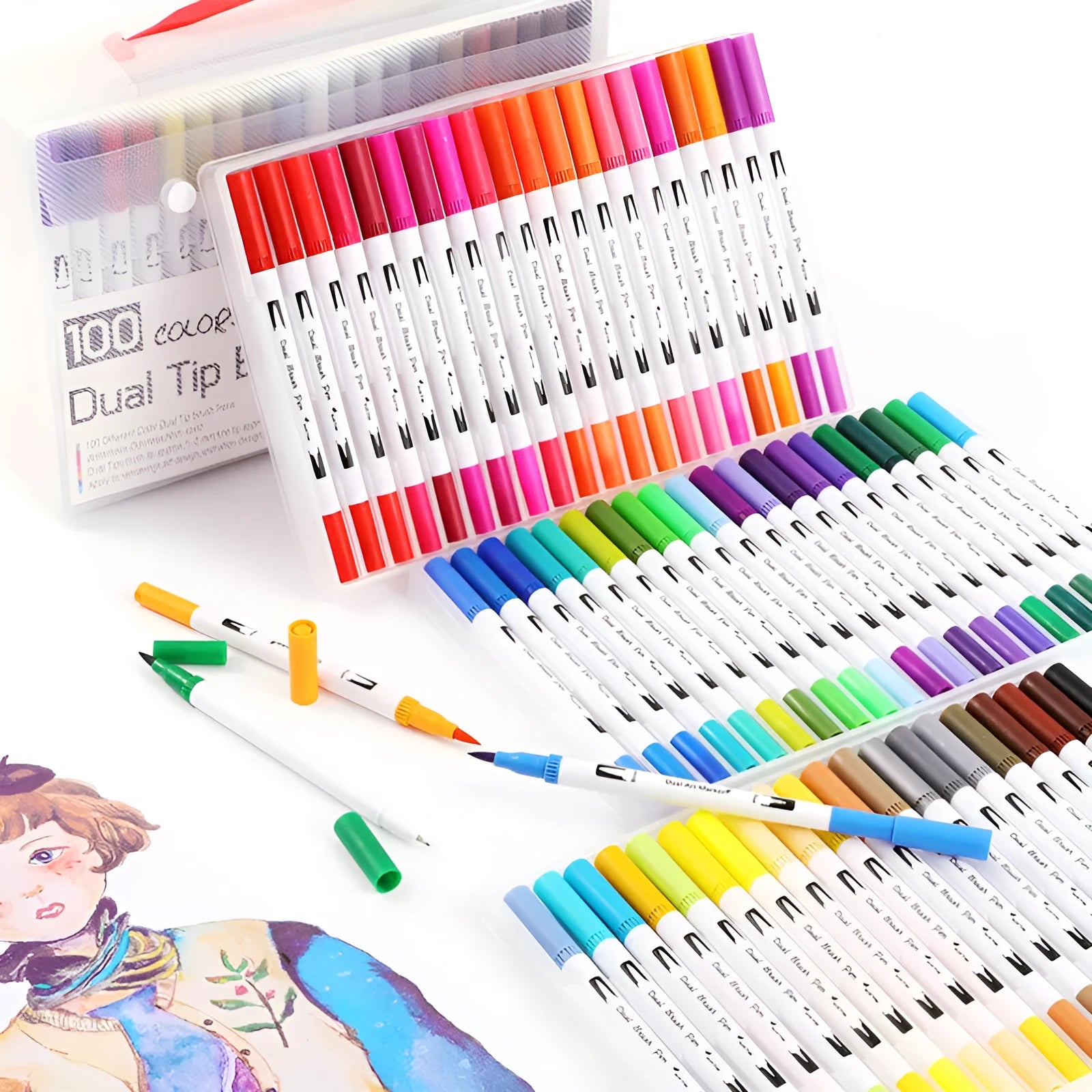 Set of watercolour brush pens with fine tips arranged by colour, showing options for 48, 60, 72, and 100 colour packs.