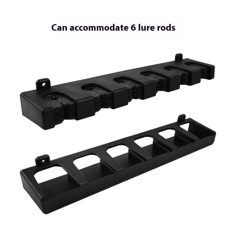 Black wall-mounted fishing rod holder stand in ABS plastic with self-tapping screws for upright or horizontal rod storage